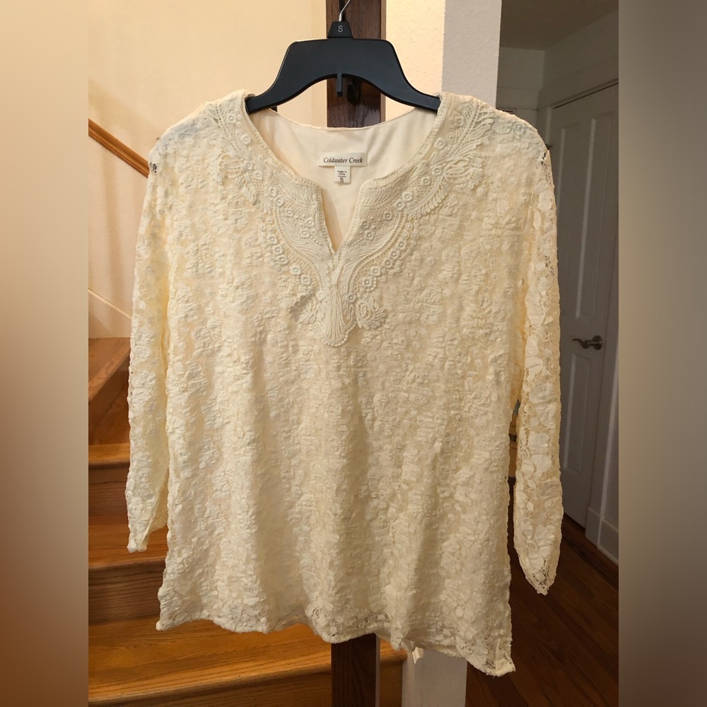 Appliqué lace knit top. Ivory. 3/4 sleeves. Perfect for special occasions.